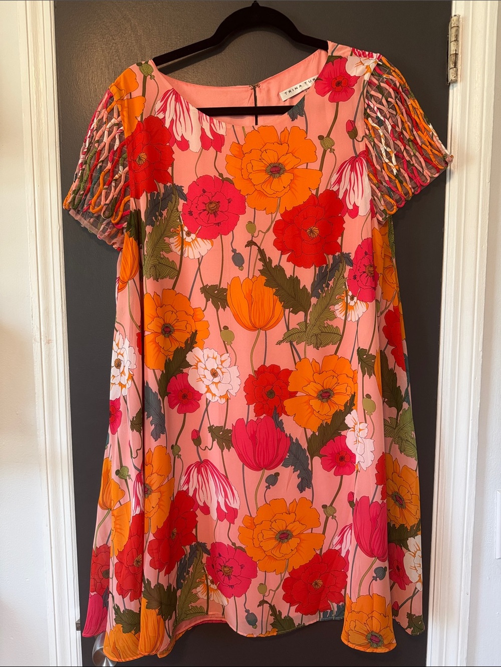 Trina Turk Floral Short Sleeve Shift Dress in Pink with Orange & Red Blooms